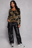 Womens Distressed Camo Zip Front Hooded Sweater, Green, Size S