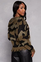 Womens Distressed Camo Zip Front Hooded Sweater, Green, Size S