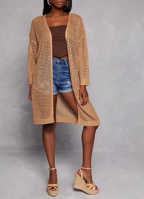 Womens Crochet Knit Cardigan, Beige, Size M