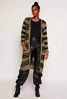 Womens Camo Striped Long Cardigan, Green, Size S