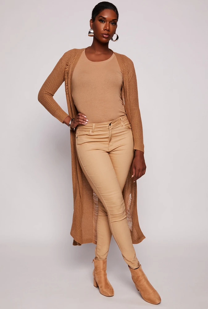 Womens Distressed Knit Open Front Duster,