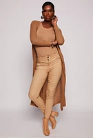 Womens Distressed Knit Open Front Duster, Brown, Size S