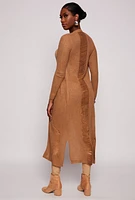 Womens Distressed Knit Open Front Duster, Brown, Size S