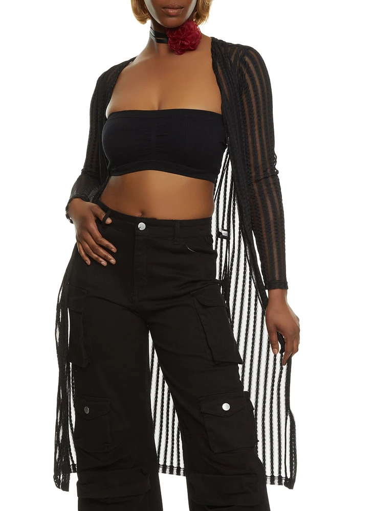 Womens Textured Knit Shadow Stripe Mesh Duster, Black, Size L