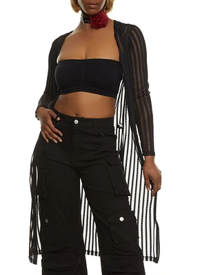 Womens Textured Knit Shadow Stripe Mesh Duster, Black, Size L