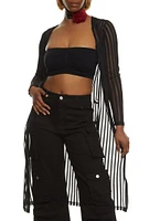Womens Textured Knit Shadow Stripe Mesh Duster, Black, Size L