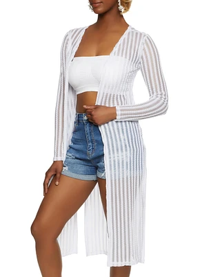 Womens Textured Knit Shadow Stripe Mesh Duster, White, Size L