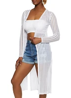 Womens Textured Knit Shadow Stripe Mesh Duster, White, Size L