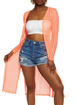 Womens Textured Knit Shadow Stripe Mesh Duster, Orange, Size S