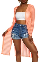 Womens Textured Knit Shadow Stripe Mesh Duster, Orange, Size S