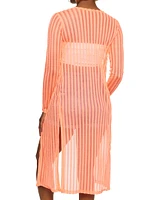 Womens Textured Knit Shadow Stripe Mesh Duster, Orange, Size S