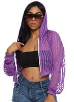 Womens Mesh Shadow Striped Zip Front Cropped Hoodie, Purple, Size S