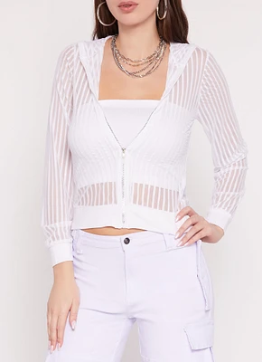 Womens Mesh Striped Zip Front Hoodie, White, Size L
