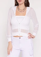 Womens Mesh Striped Zip Front Hoodie, White, Size L