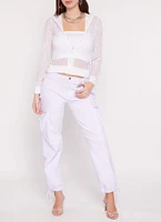 Womens Mesh Striped Zip Front Hoodie, White, Size L
