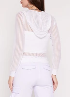 Womens Mesh Striped Zip Front Hoodie, White, Size L
