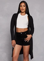 Womens Rib Knit Hooded Long Sleeve Duster, Black, Size S