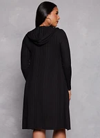 Womens Rib Knit Hooded Long Sleeve Duster, Black, Size L