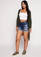 Womens Rib Knit Hooded Long Sleeve Duster, Green, Size M