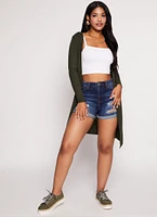 Womens Rib Knit Hooded Long Sleeve Duster, Green, Size M