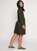Womens Rib Knit Hooded Long Sleeve Duster, Green, Size M