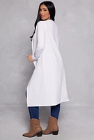 Womens Long Sleeve Open Front Duster, White, Size L