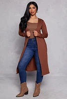 Womens Long Sleeve Open Front Duster, Brown, Size S