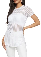 Womens Striped Mesh Detail Side Slit Tunic Top, White, Size S