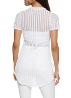 Womens Striped Mesh Detail Side Slit Tunic Top, White, Size S