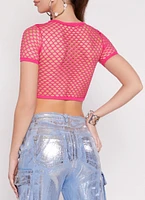 Womens Angel Rhinestone Fishnet Crop Top, Pink, Size L