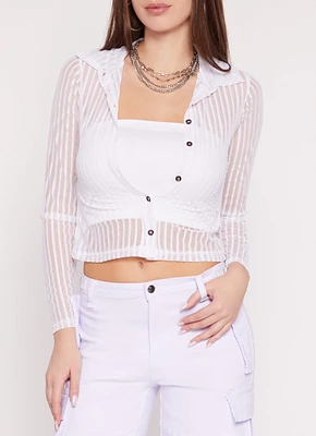 Womens Mesh Striped Button Front Blouse, White, Size M