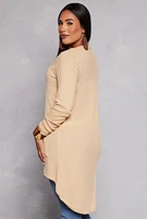 Womens Ribbed Button Front High Low Top, Beige, Size S