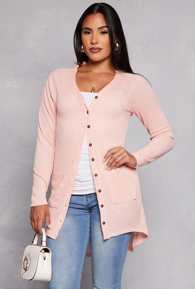 Womens Ribbed Button Front High Low Top, Pink, Size M