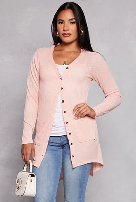 Womens Ribbed Button Front High Low Top, Pink, Size M