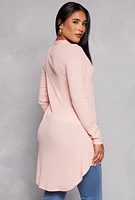 Womens Ribbed Button Front High Low Top, Pink, Size M