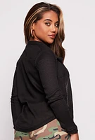 Womens Waffle Knit Button Front Top, Black,