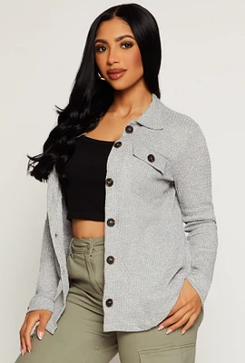 Womens Waffle Knit Button Front Top, Grey, Size S