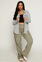 Womens Waffle Knit Button Front Top, Grey, Size S