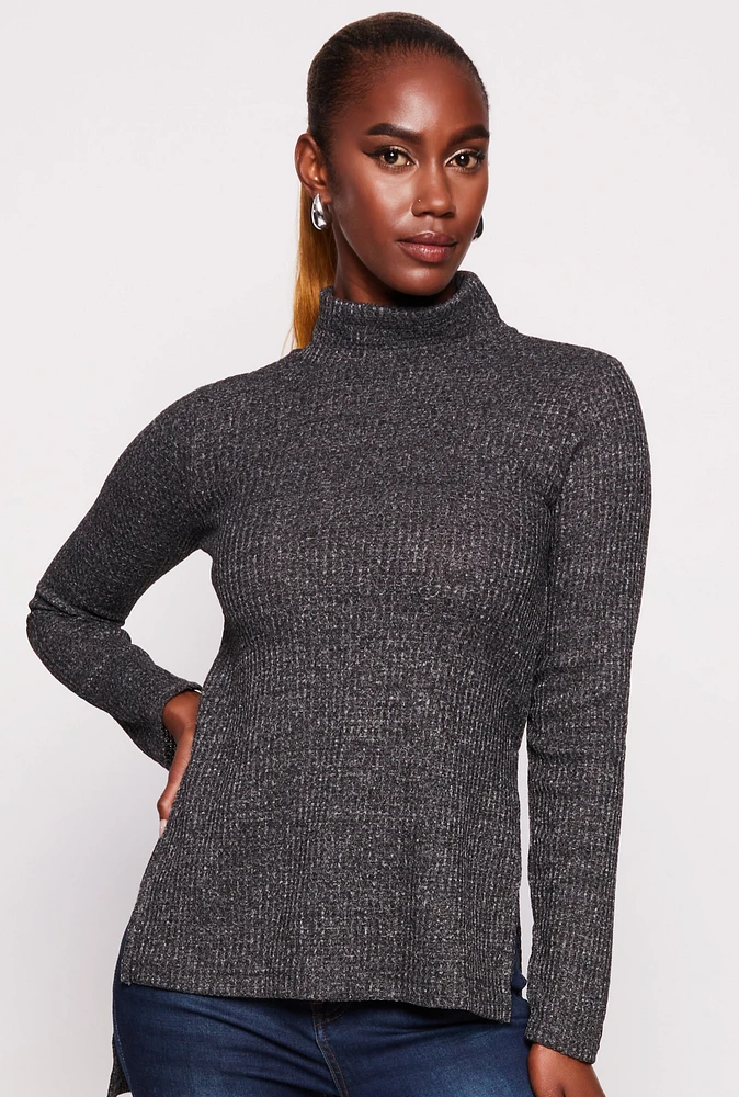 Womens Waffle Knit Turtleneck High Low Top, Grey, Size S