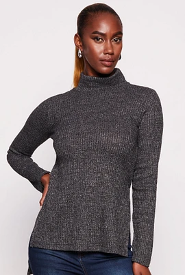 Womens Waffle Knit Turtleneck High Low Top, Grey, Size S