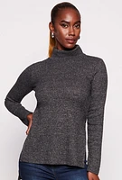 Womens Waffle Knit Turtleneck High Low Top, Grey, Size S