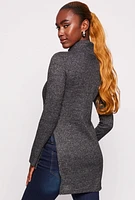 Womens Waffle Knit Turtleneck High Low Top, Grey, Size S
