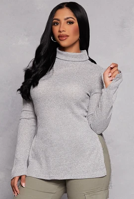 Womens Waffle Knit Turtleneck High Low Top, Grey, Size S