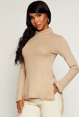 Womens Waffle Knit Turtleneck High Low Top, S