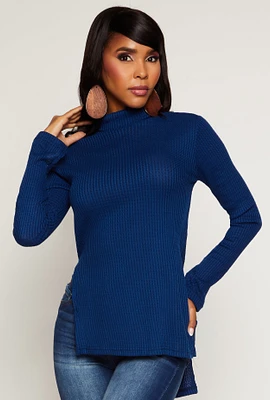 Womens Waffle Knit Turtleneck High Low Top, Blue,