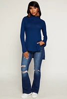 Womens Waffle Knit Turtleneck High Low Top, Blue,