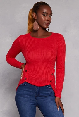 Womens Waffle Knit Side Button High Low Top, Red, Size S