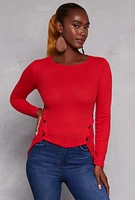 Womens Waffle Knit Side Button High Low Top, Red, Size S