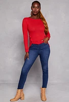 Womens Waffle Knit Side Button High Low Top, Red, Size S