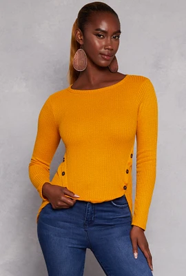 Womens Waffle Knit Side Button High Low Top, Yellow, Size XL